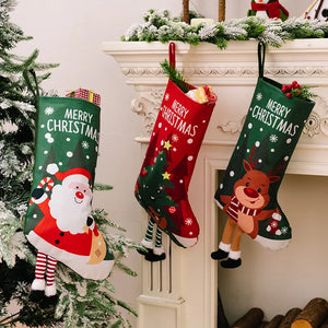 Animated Christmas stockings with 3D Santa, reindeer, and tree designs.