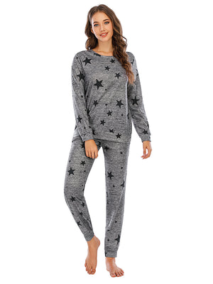 Heather Gray loungewear set with black stars, long sleeves, crew neck, and matching pants.