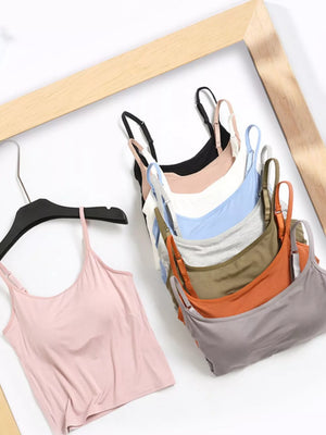 Adjustable cami tops in multiple colors including pink, black, white, blue, green, orange, and gray.
