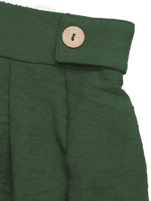 Dark green pleated shorts with high waist and wooden button detail.