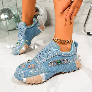Rhinestone Round Toe Sneakers in Blue, close-up detail