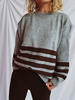 Horizontal stripe ribbed knit sweater in mocha, dark gray, or tan acrylic.