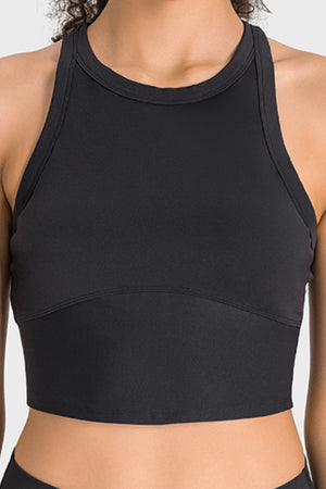 Black sculpted neckline crop top with racerback and curved seam detail