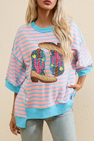 Blush pink and blue striped sweatshirt with sequin cowboy boot and cactus graphic.
