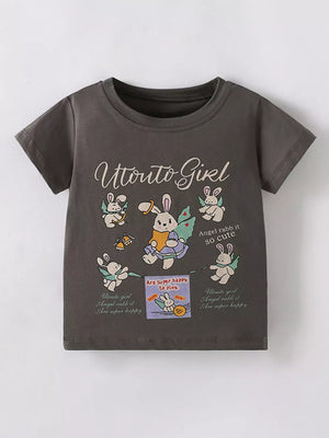 Dark grey cotton crew neck t-shirt with playful angel rabbits and text print.