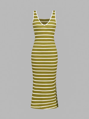 Ribbed striped bodycon midi dress in matcha color with V-neck and side slit