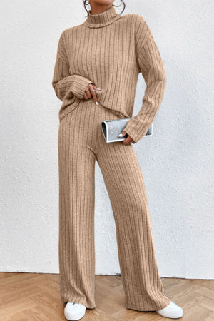 Ribbed knit turtleneck lounge set in Khaki with wide leg pants and long sleeves.