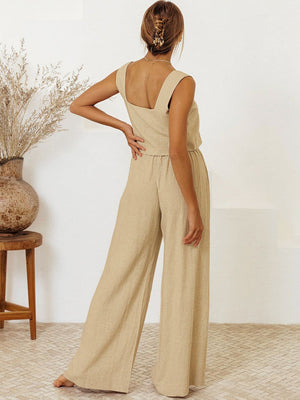 Tan linen square neck tank top and wide leg pants set