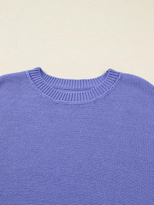 Purple knit sweater with crew neck and ribbed details.