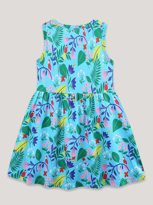 Blue cotton toddler dress with a playful floral and bird print, sleeveless, round neck.