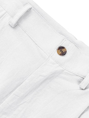 White relaxed fit sweatpants with button closure and textured fabric detail.