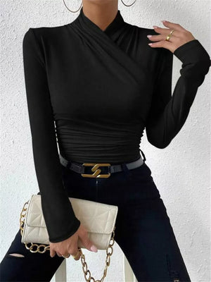 Ruched Long Sleeve Slim Fit Top in Black, product detail