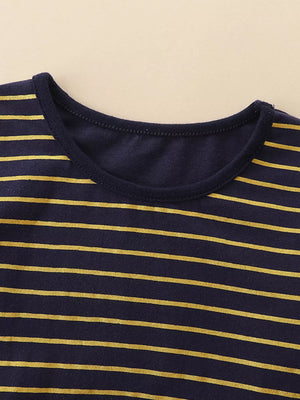 Navy and gold striped baby t-shirt with crew neck detail