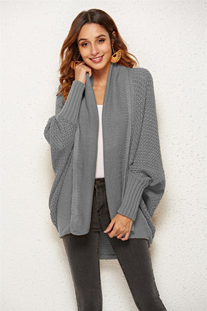 Light Gray acrylic cocoon cardigan with shawl collar and batwing sleeves.
