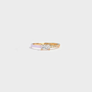 Enamel heart & pave band ring with baguette stone, light purple and gold tone.