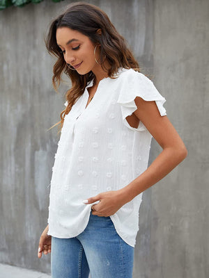 White textured voile blouse with flutter sleeves and V-neck