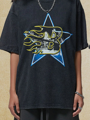 Black vintage t-shirt with a blue star graphic and yellow flame detail.
