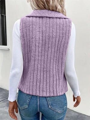 Textured teddy collarless vest in Lilac with vertical ribbing detail.