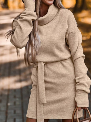 Turtleneck Belted Knit Dress in Khaki, front view