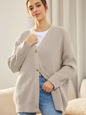 Dust Storm ribbed knit cardigan with balloon sleeves and button front.