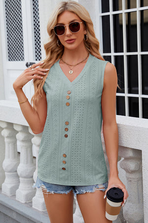 Sage perforated button-down sleeveless blouse with V-neck and wooden buttons