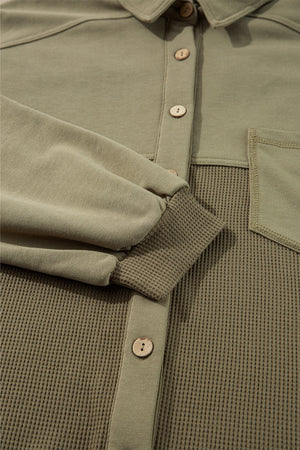 Moss waffle knit shacket with gathered sleeves and button front