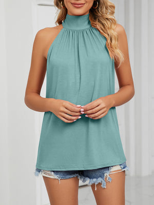 Teal ruched high neck cami with tie back detail, sleeveless.