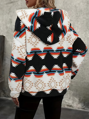 Black sherpa zip hoodie with Aztec geo-print and hood.
