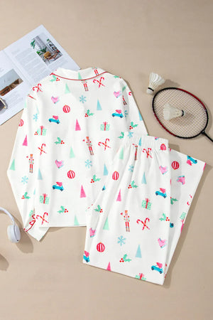 White festive print pajama set with piping and collar, featuring holiday icons.