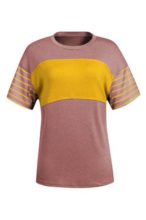 Colorblock raglan tee in dusty pink and yellow with striped sleeves and crewneck.