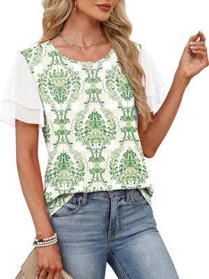 Green floral print t-shirt with white layered ruffled short sleeves and a crew neck.