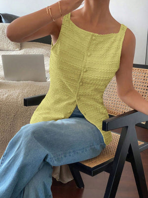 Yellow-green wavy textured button-front tank top with square neckline.