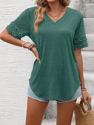 Dark green V-neck t-shirt with lace trim on short sleeves.