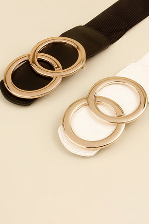 Black and white stretch belts with interlocking gold-tone ring buckles