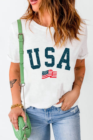 White graphic tee with USA and American flag print, crew neck, short sleeves.