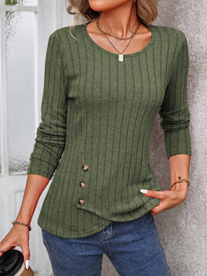 Moss green ribbed knit top with round neck and button detail