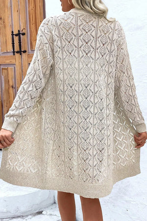 Diamond knit duster cardigan in Dust Storm acrylic with open front and long sleeves.