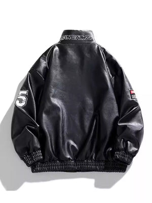Black casual zip-up jacket with white piping, embroidered number 5 on sleeve, and collar text.