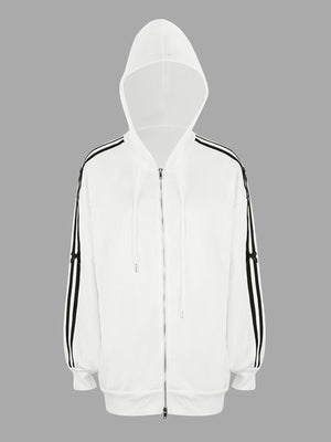 White zip-up hoodie with black stripes on sleeves and a bow detail.