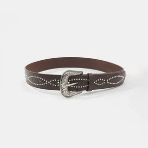 Brown faux leather western belt with silver studs and antique buckle detail.
