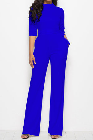 Royal blue high-neck belted palazzo jumpsuit with three-quarter sleeves and wide legs.