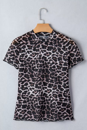 Leopard print sheer mesh t-shirt with mock neck and lettuce edge trim.