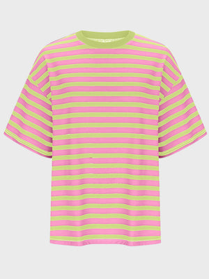 Oversized striped tee in pink and lime green with dropped sleeves and crew neck.