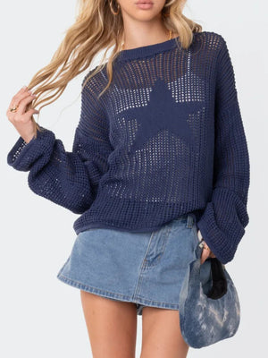 Dusty blue open knit sweater with a large starburst detail and bell sleeves.