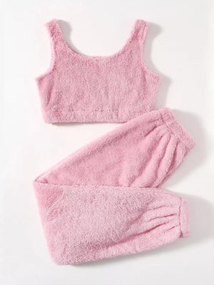 Cozy Plush Cropped Tank And Pants Lounge Set in Pink, alternate angle