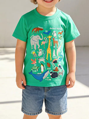 Green t-shirt with animal alphabet graphic, crew neck, short sleeves.