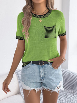 Green knit tee with contrast trim neckline, cuffs, and striped pocket.