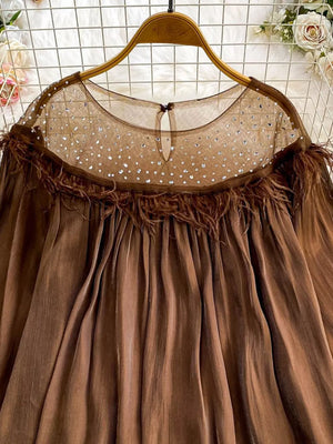 Brown sheer blouse with rhinestone neckline and feather trim