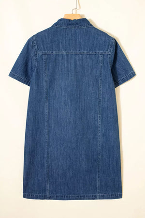 Collared denim mini shift dress with short sleeves and a straight cut.