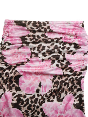 Leopard floral bodycon maxi skirt with ruched detail and pink floral print.
